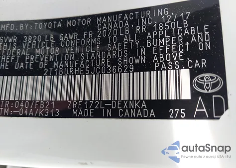 2018 Toyota Corolla Le из США, поврежденный, VIN 2T1BURHE5JC036629